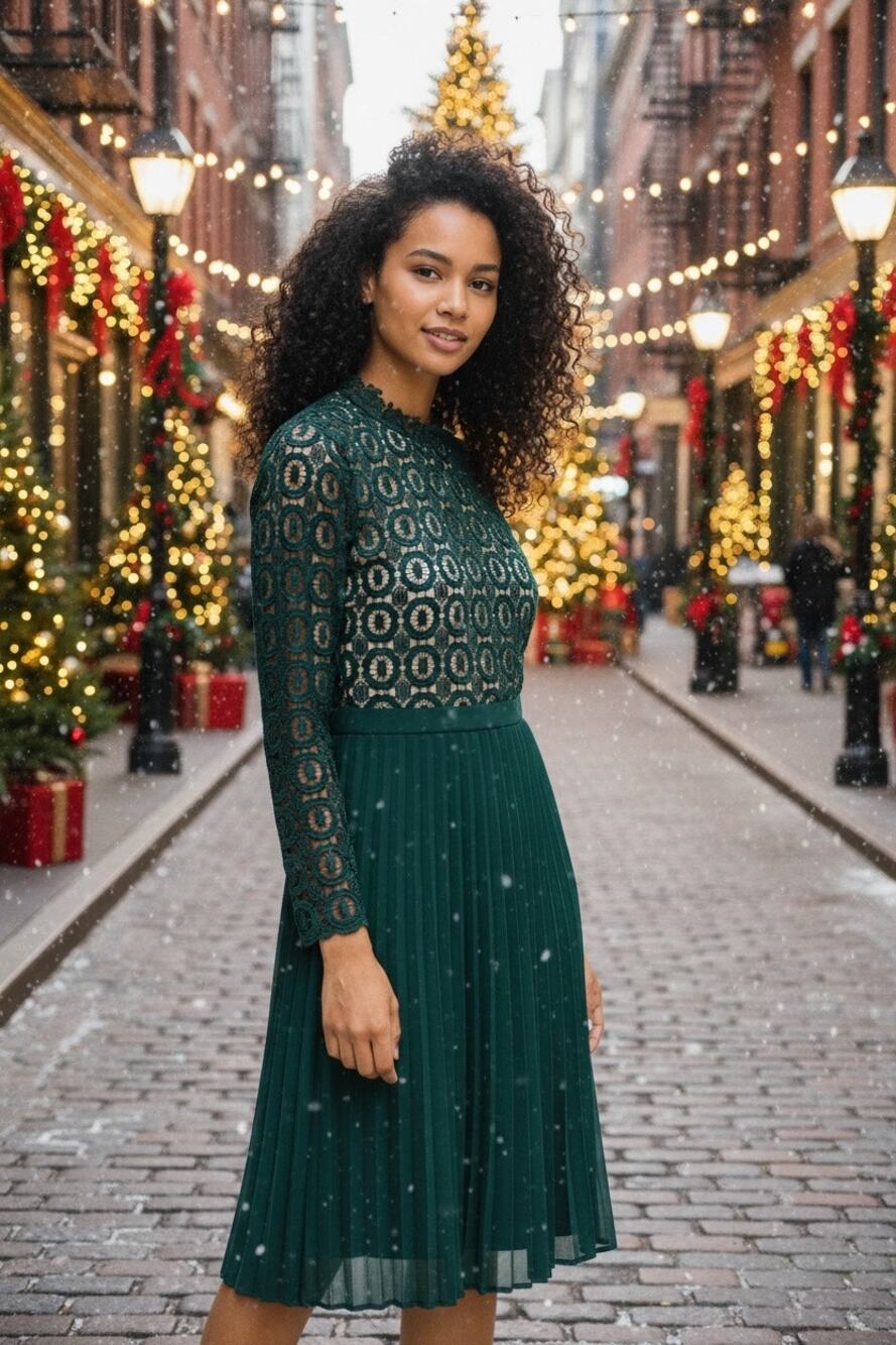 Ivy City Co Green Lace Pleated Midi Dress Size Small